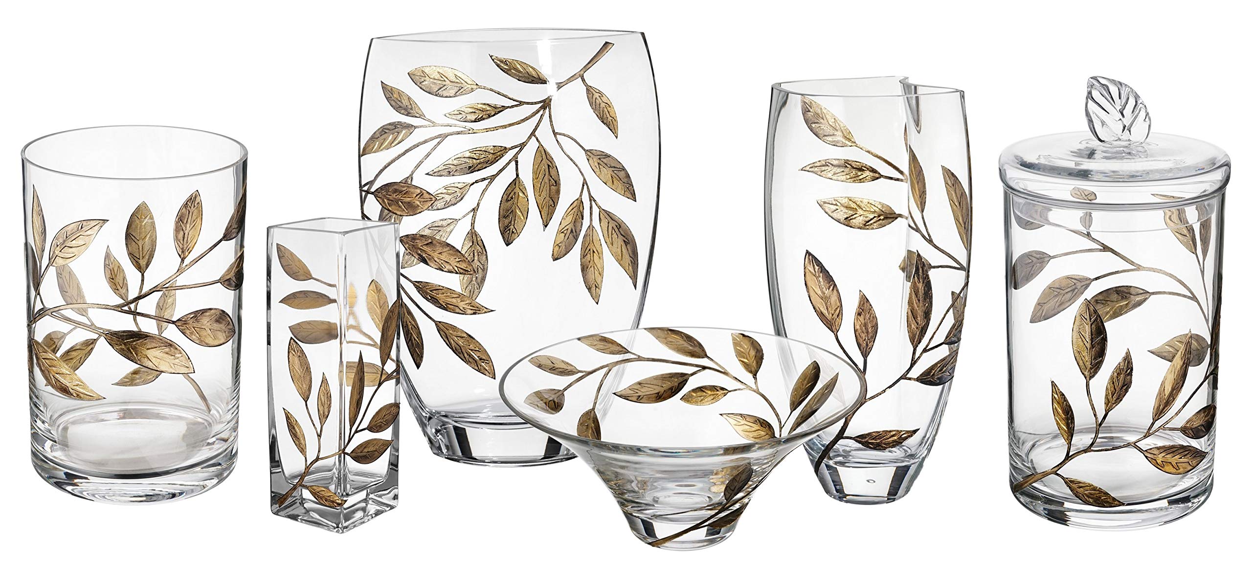 Decorative Glass Bowl Fruit Display - Etched, Hand Painted Leaves Decor - Mouth Blown Clear Glass - Large Salad Serving Bowl - Gift Boxed - D: 10.2 in (26 cm) (Gold)