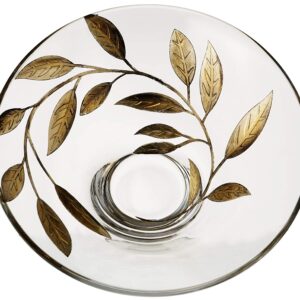 Decorative Glass Bowl Fruit Display - Etched, Hand Painted Leaves Decor - Mouth Blown Clear Glass - Large Salad Serving Bowl - Gift Boxed - D: 10.2 in (26 cm) (Gold)