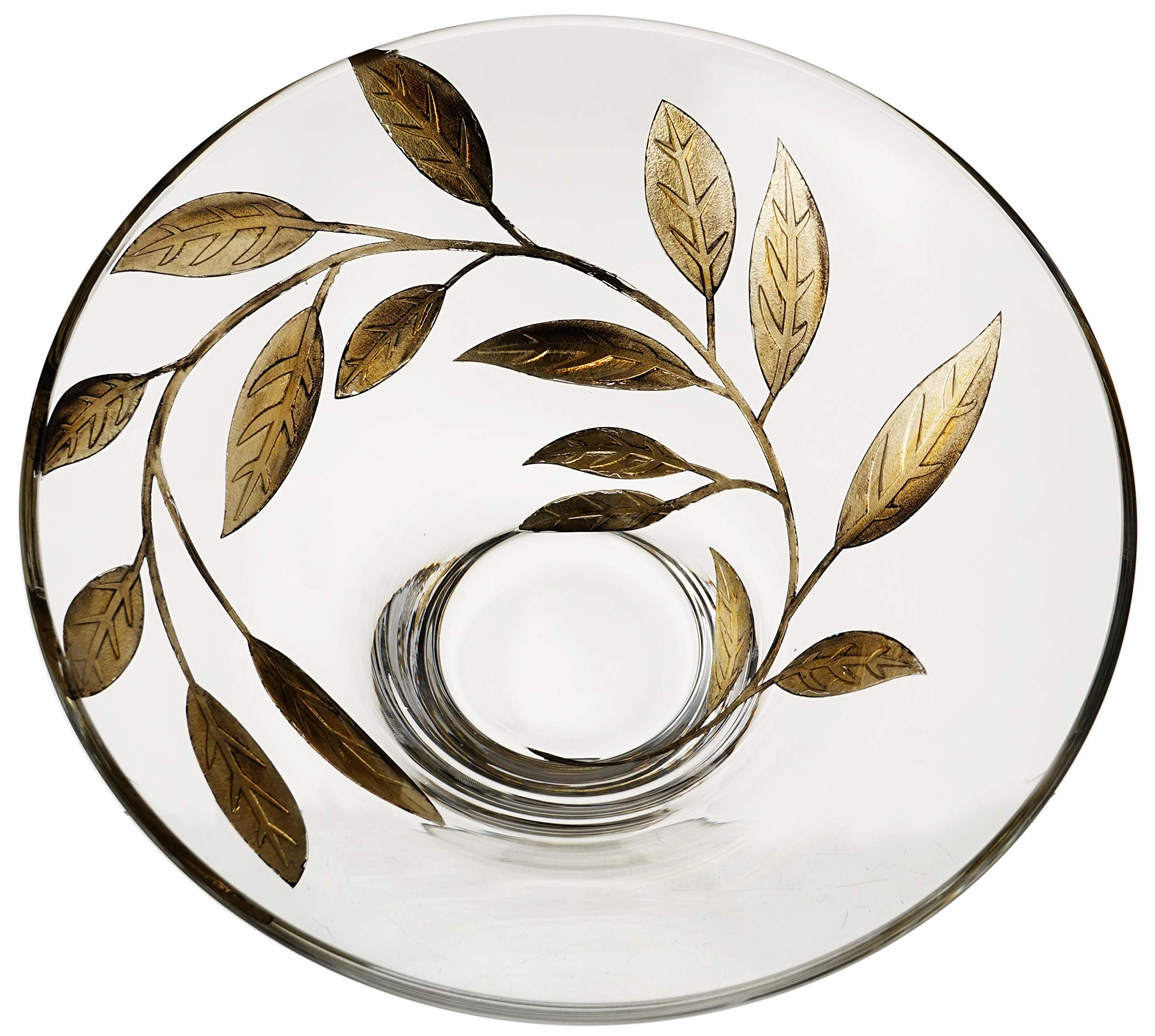 Decorative Glass Bowl Fruit Display - Etched, Hand Painted Leaves Decor - Mouth Blown Clear Glass - Large Salad Serving Bowl - Gift Boxed - D: 10.2 in (26 cm) (Gold)