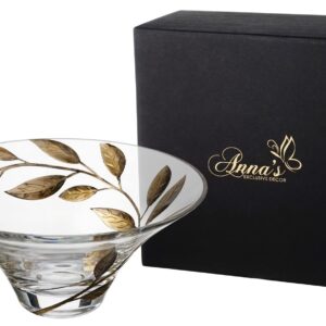 Decorative Glass Bowl Fruit Display - Etched, Hand Painted Leaves Decor - Mouth Blown Clear Glass - Large Salad Serving Bowl - Gift Boxed - D: 10.2 in (26 cm) (Gold)