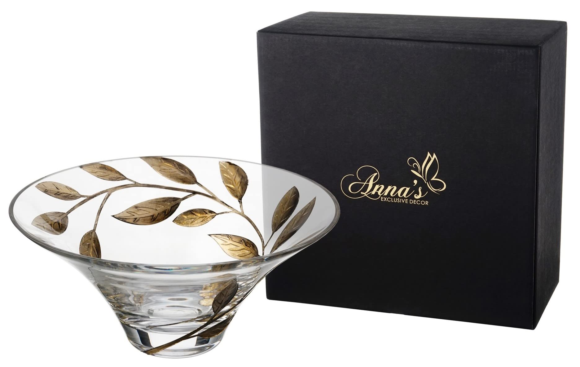 Decorative Glass Bowl Fruit Display - Etched, Hand Painted Leaves Decor - Mouth Blown Clear Glass - Large Salad Serving Bowl - Gift Boxed - D: 10.2 in (26 cm) (Gold)