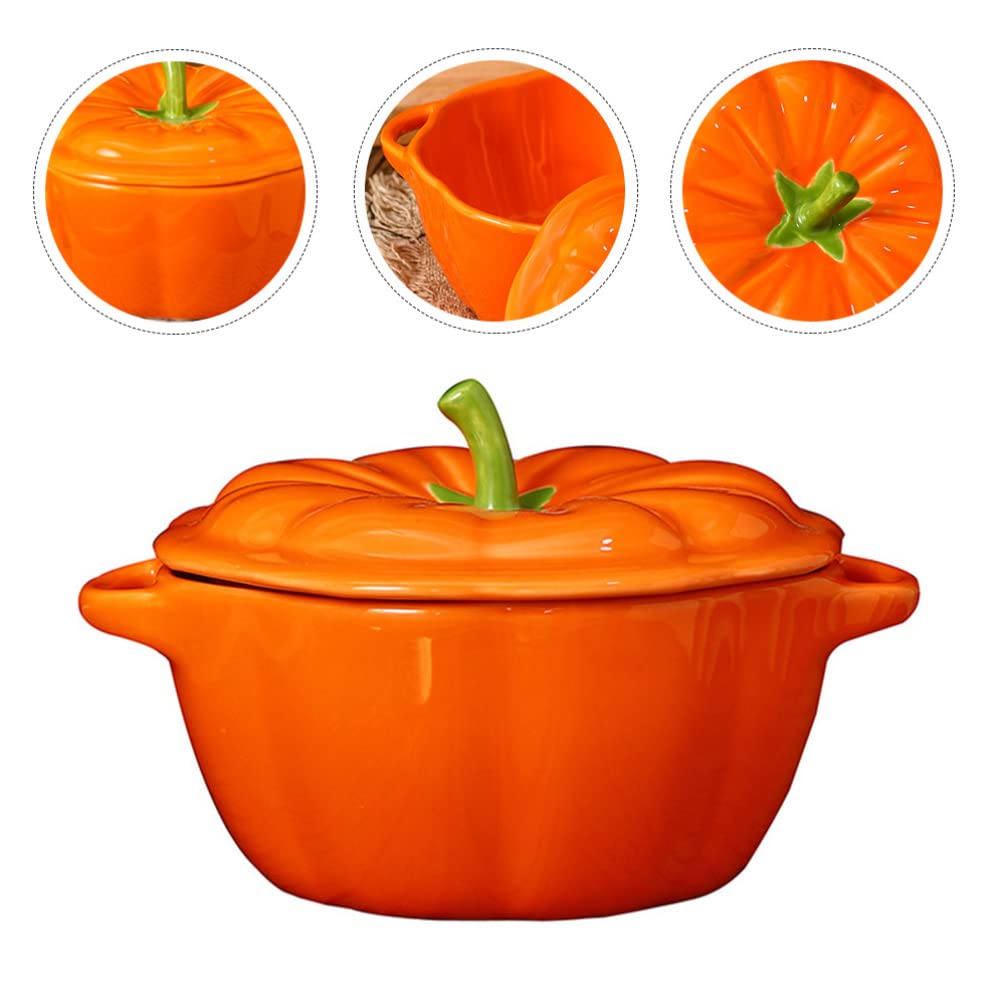 Homoyoyo Decorative Soup Bowl Ceramics Kitchen Stew Soup Bowl with Handles Pumpkin Shaped Stew Bowl Tableware Dual- handle Bowl Ceramic Serving Bowl for Soup Cereal and Stew Ceramic Noodle Bowl