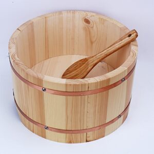 AIZYR Wooden Sushi Rice Bowl with Lid and Rice Scoop, Japanese Hangiri Sushi Oke Rice Mixing Tub for Sushi Restaurant Home Use,24cm