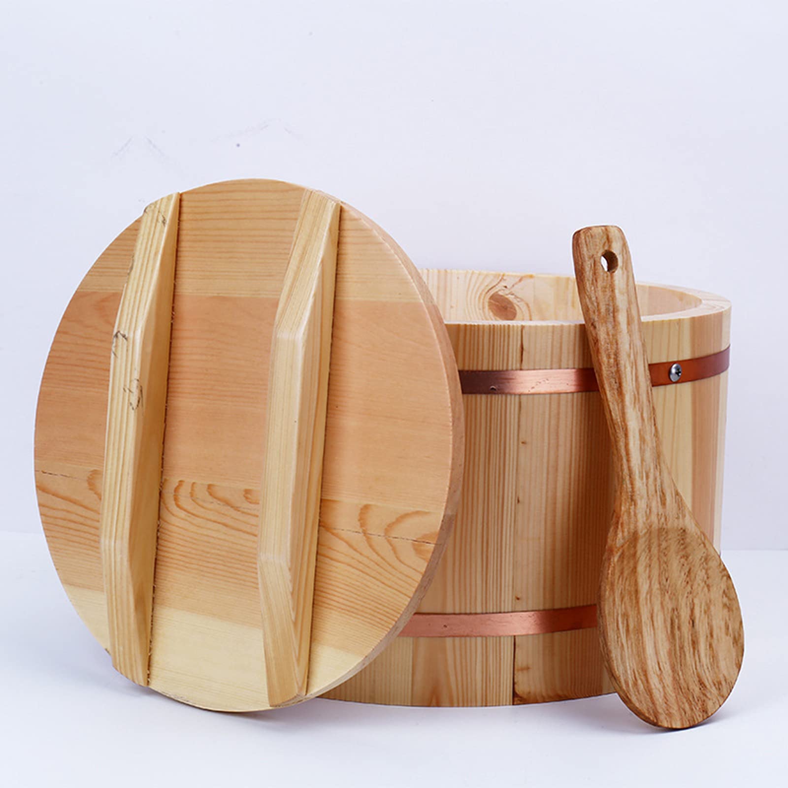 AIZYR Wooden Sushi Rice Bowl with Lid and Rice Scoop, Japanese Hangiri Sushi Oke Rice Mixing Tub for Sushi Restaurant Home Use,24cm