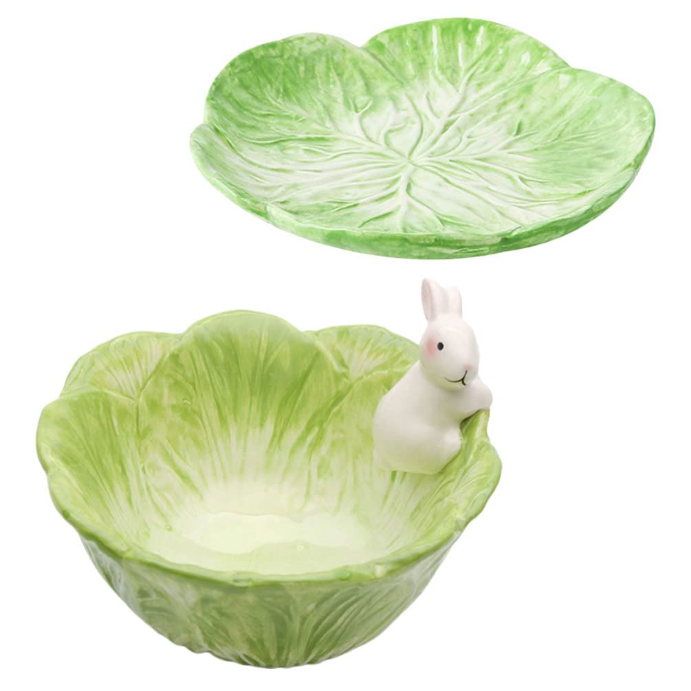 ERINGOGO Green Bunny Bowl Plate Set Ceramic Fruit Bowl, Cabbage Shaped Salad Bowl for Food Spring Party Easter Dinnerware