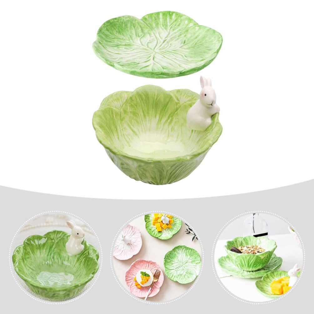 ERINGOGO Green Bunny Bowl Plate Set Ceramic Fruit Bowl, Cabbage Shaped Salad Bowl for Food Spring Party Easter Dinnerware