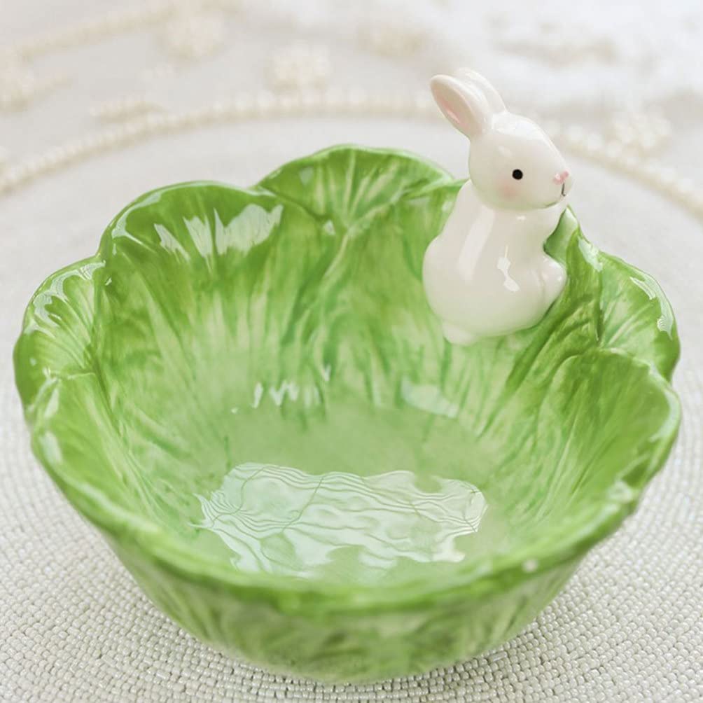 ERINGOGO Green Bunny Bowl Plate Set Ceramic Fruit Bowl, Cabbage Shaped Salad Bowl for Food Spring Party Easter Dinnerware