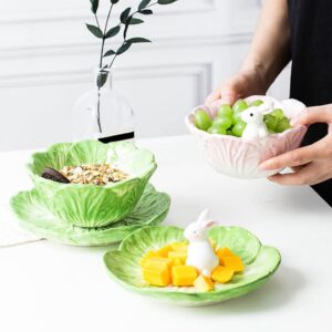 ERINGOGO Green Bunny Bowl Plate Set Ceramic Fruit Bowl, Cabbage Shaped Salad Bowl for Food Spring Party Easter Dinnerware