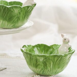 ERINGOGO Green Bunny Bowl Plate Set Ceramic Fruit Bowl, Cabbage Shaped Salad Bowl for Food Spring Party Easter Dinnerware