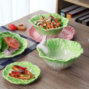 ERINGOGO Green Bunny Bowl Plate Set Ceramic Fruit Bowl, Cabbage Shaped Salad Bowl for Food Spring Party Easter Dinnerware