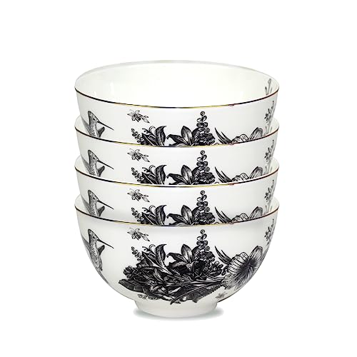 Koken – 4 Bowls Set fine bone china with design Black & White with gold Ring - Ideal for special occasions or every day - Stackable-Mixing Bowls- Kitchen Essentials & Tableware.