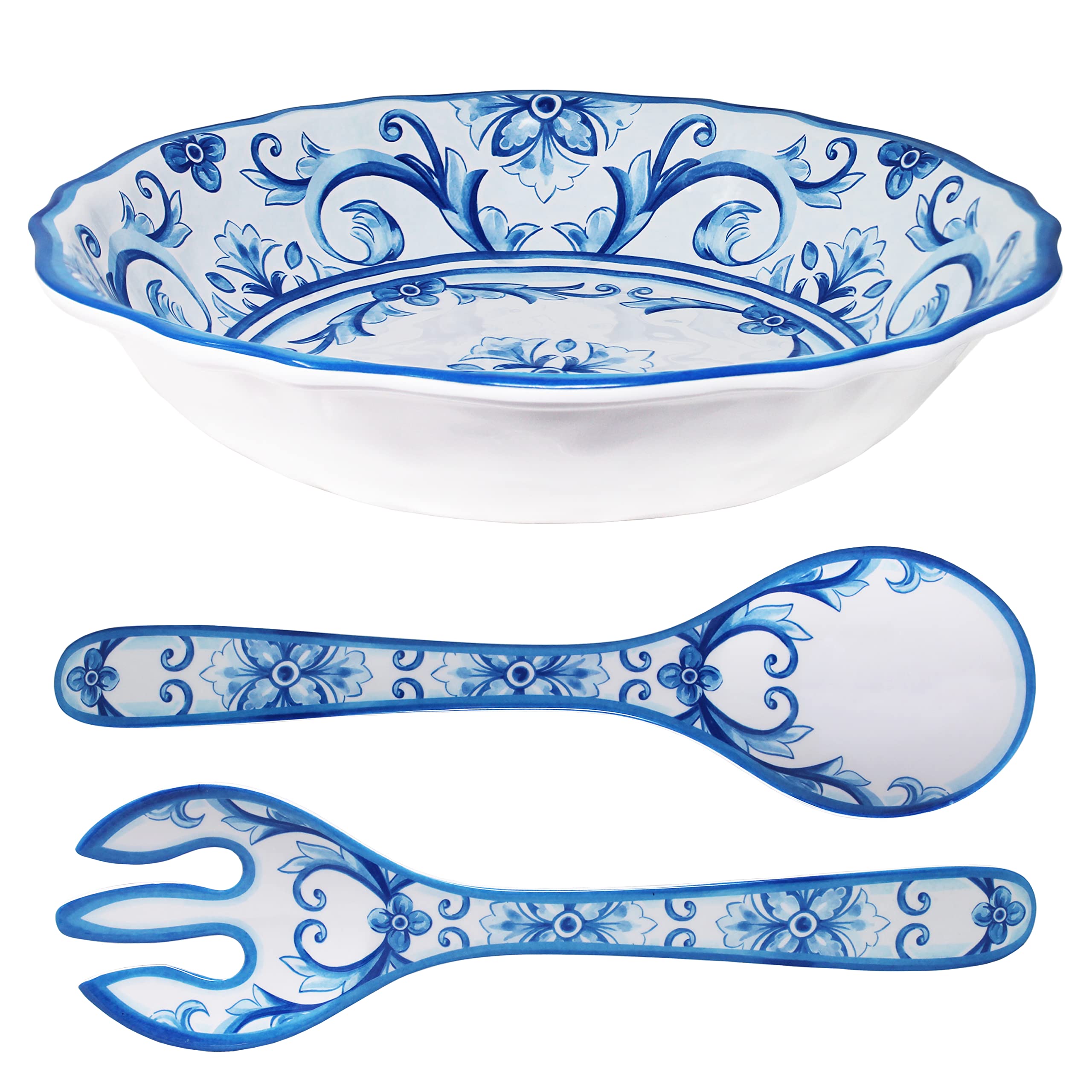 Le Cadeaux Melamine 13.75 Inch Salad Bowl and Servers Set, Mallorca