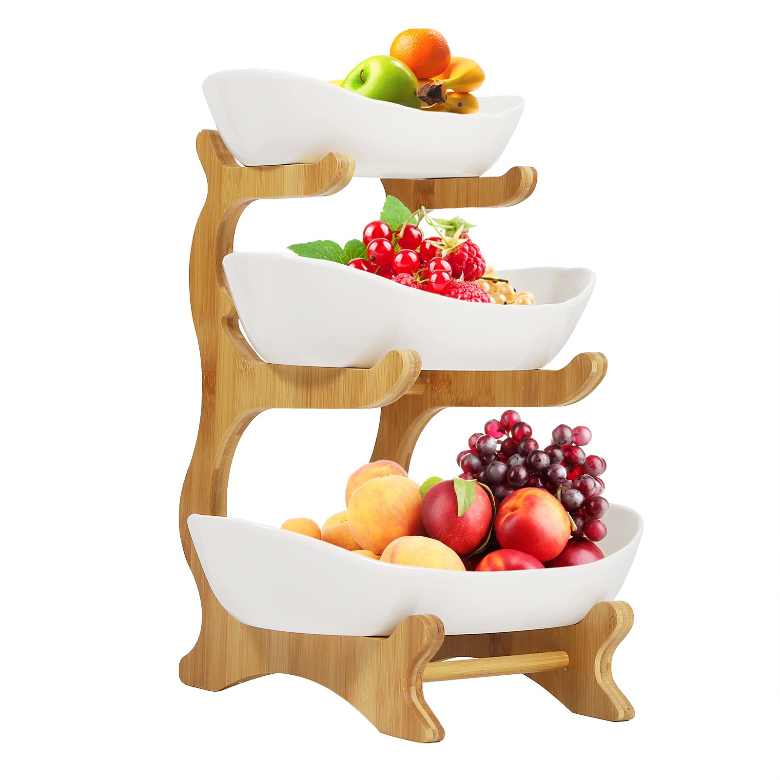 Ceramic Fruit Bowl, 3 Tier Fruit Basket Fruit Bowl for Table Centerpieces Porcelain Fruit Plate with Bamboo Stand Fruit Snacks Nuts Bread Candy Storage Tray (White)