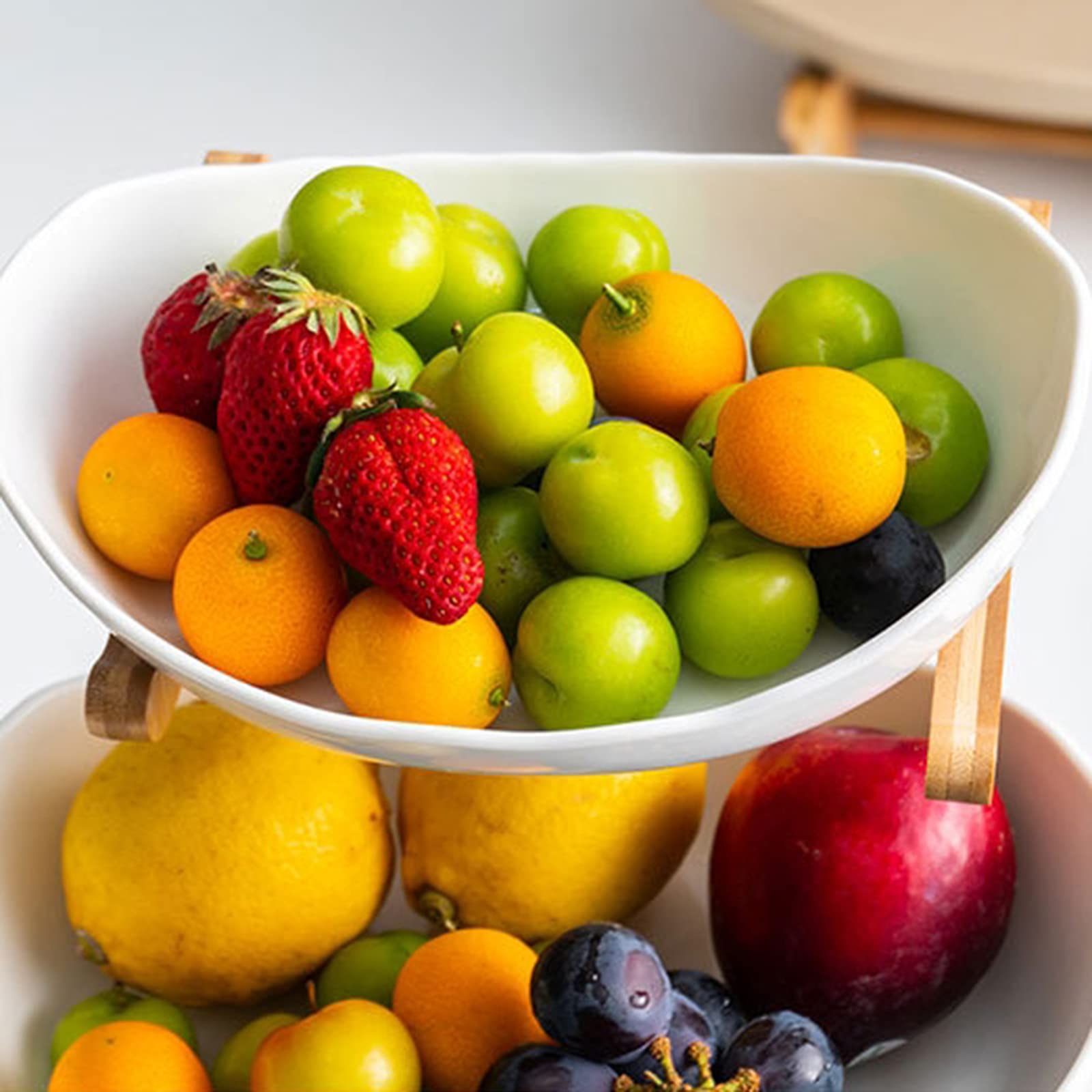 Ceramic Fruit Bowl, 3 Tier Fruit Basket Fruit Bowl for Table Centerpieces Porcelain Fruit Plate with Bamboo Stand Fruit Snacks Nuts Bread Candy Storage Tray (White)