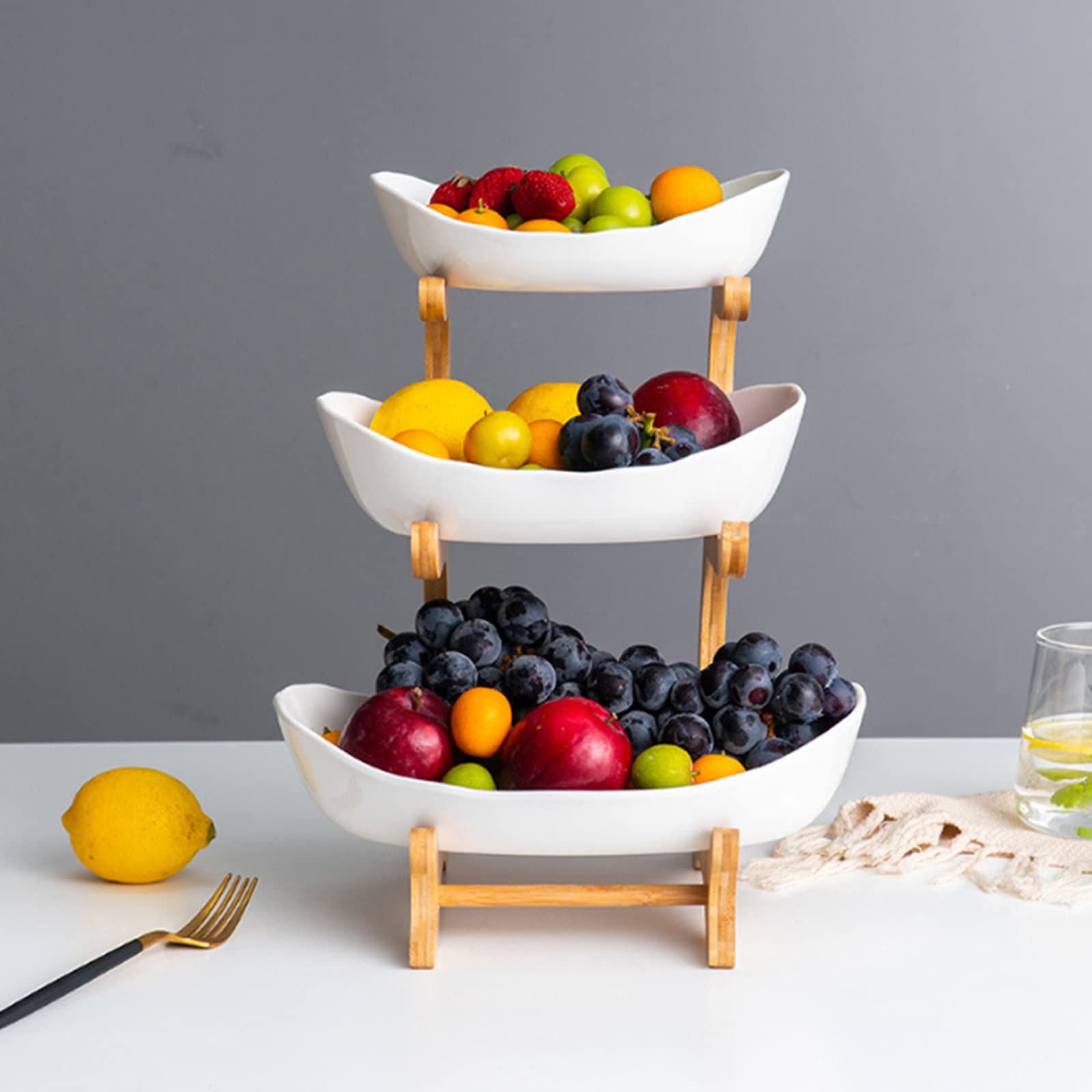 Ceramic Fruit Bowl, 3 Tier Fruit Basket Fruit Bowl for Table Centerpieces Porcelain Fruit Plate with Bamboo Stand Fruit Snacks Nuts Bread Candy Storage Tray (White)