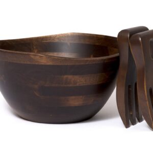 Lipper International Walnut Finish Large Wavy Rim Bowl with Salad Hands