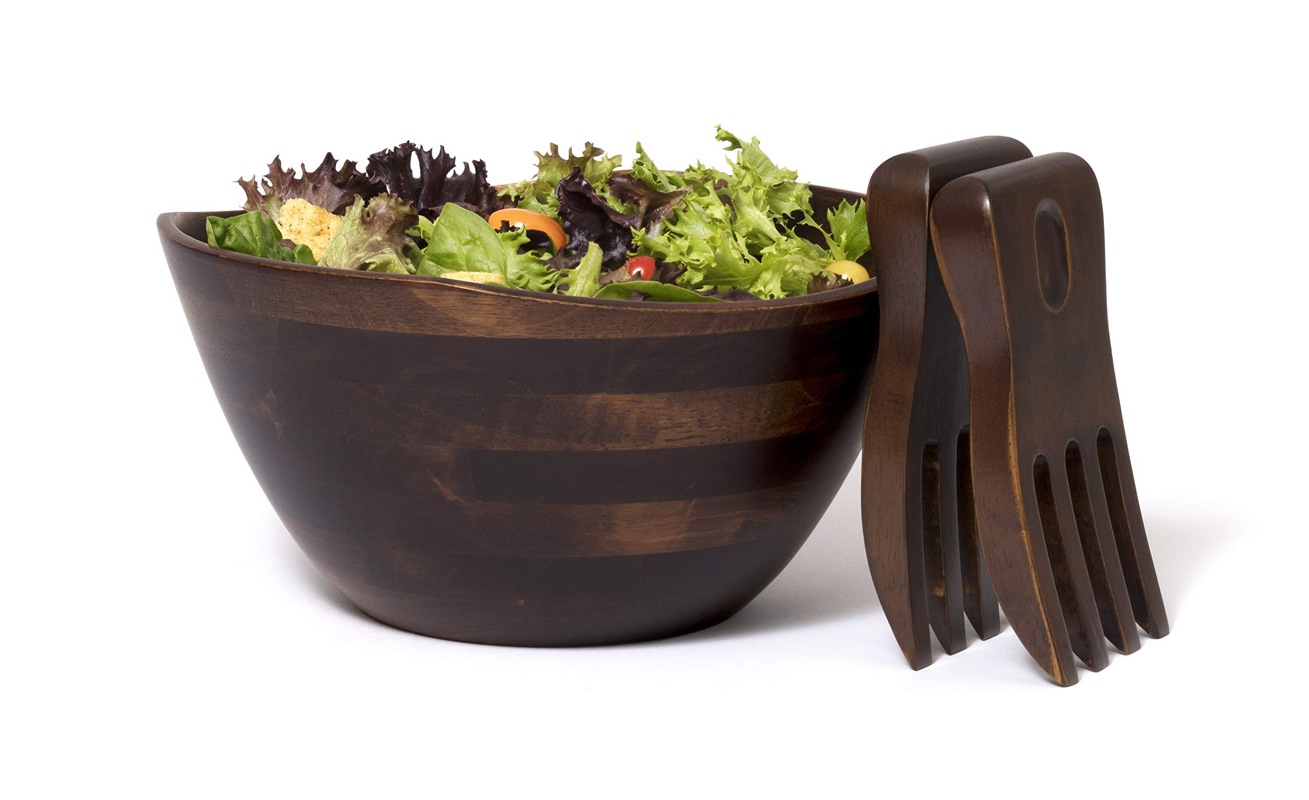 Lipper International Walnut Finish Large Wavy Rim Bowl with Salad Hands