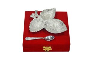 indian accent silver plated brass leaf shaped bowl 7” with spoon royal design from