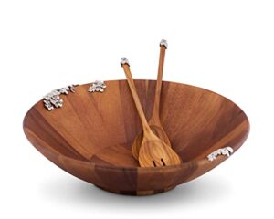 vagabond house wood salad bowl and servers lilacs pattern 16 inch diameter 4.5 inch tall