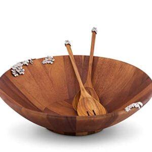 Vagabond House Wood Salad Bowl and Servers Lilacs Pattern 16 inch Diameter 4.5 inch Tall
