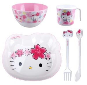 hello kitty flowers cute pink dinnerware flatware meal set – plate bowl cup fork spoon, 5 pieces