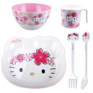 Hello Kitty Flowers Cute Pink Dinnerware Flatware Meal Set – Plate Bowl Cup Fork Spoon, 5 pieces