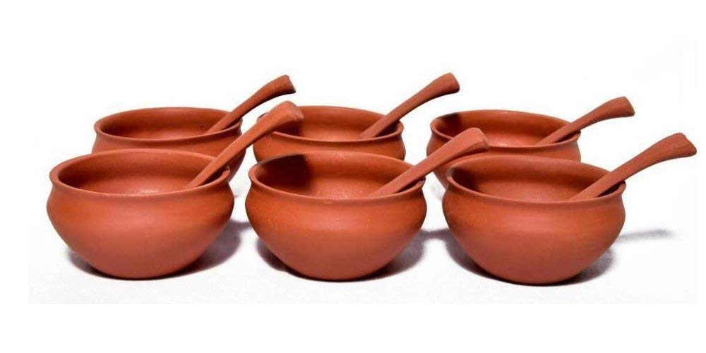 Odishabazaar Bowl Set Handcrafted Terracotta Pottery Clay Soup Bowls Set (Large, Brown)