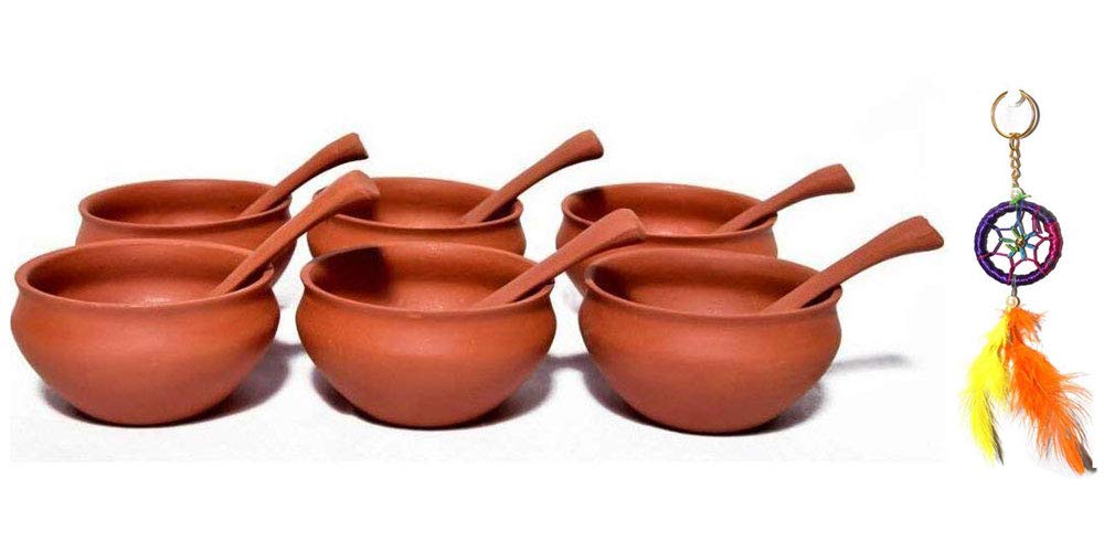 Odishabazaar Bowl Set Handcrafted Terracotta Pottery Clay Soup Bowls Set (Large, Brown)