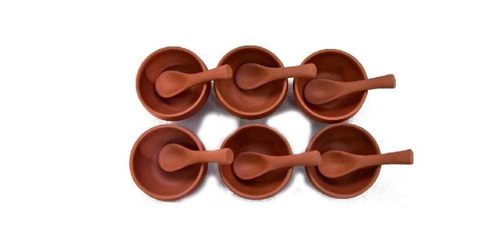 Odishabazaar Bowl Set Handcrafted Terracotta Pottery Clay Soup Bowls Set (Large, Brown)