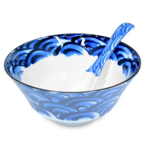 japanese mino yaki(ware) ceramic ramen bowl and ramen spoon set - wave navy, 33.8 fl oz, japanese donburi, noodle, soup bowl, microwave & dishwasher safe, home kitchen & restaurant, japanese gifts
