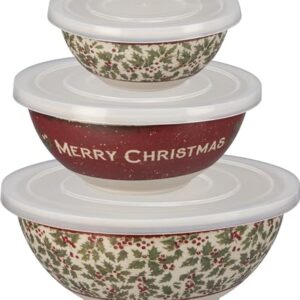 Primitives by Kathy Lidded Bowls - Set of 3 Nesting bamboo bowls with vintage-inspired Christmas designs. Each bowl has it's own lid.