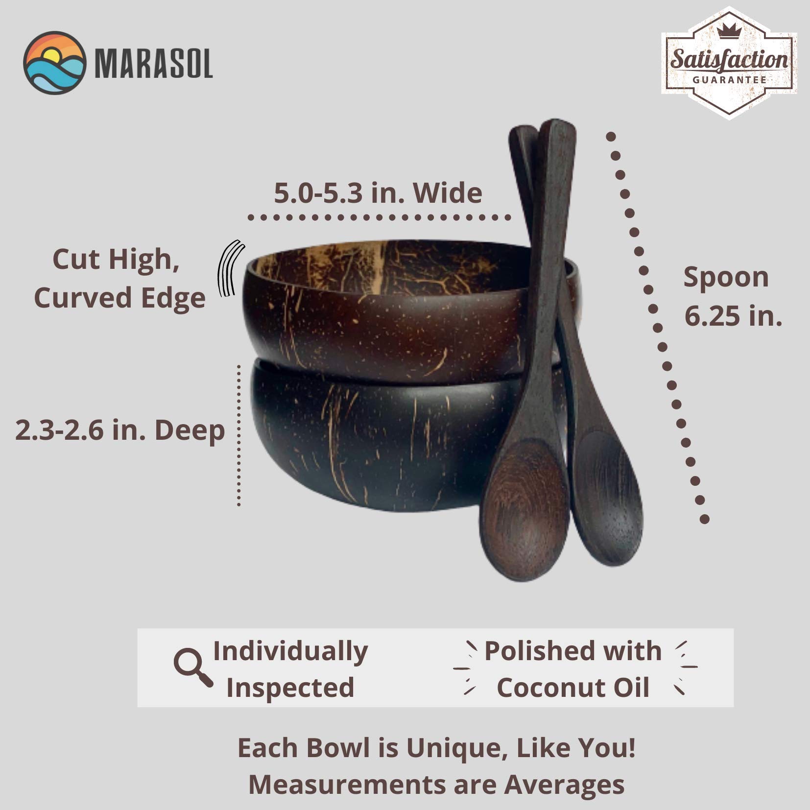 Marasol Coconut Bowls with Spoons 2x All Natural, Vegan | Smoothie Bowls, Acai | Gift Ready Packaging | Eco Friendly, Zero Waste | Handcrafted