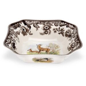 spode woodland square salad bowl with deer motif | 9.5" large salad serving bowl for dinner parties, events, and more | made from fine porcelain | microwave and dishwasher safe