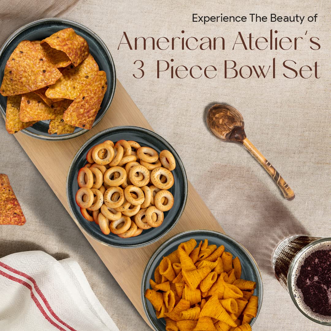 American Atelier 3 Stoneware Snack Bowls with Bamboo Serving Tray | 4-Piece Snack Serving Set | Small Serving Bowl for Candy, Nuts, Salsa, and Appetizers | Chips and Dips Snack Tray for Party