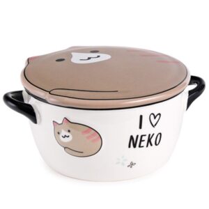 white and brown ceramic japanese bowl with lid and mini handles, neko lucky cat microwavable dish for noodles and rice, 5 3/4 inches