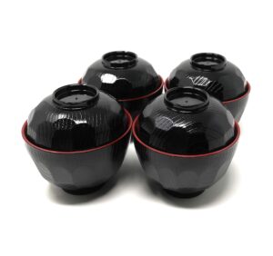 asian home japanese rice and soup bowls with lid, black and red, for rice, miso soup, 4.33" x 3.94", 8.4 oz. (4 bowls)