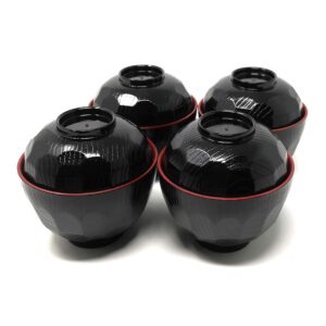 ASIAN HOME Japanese Rice and Soup Bowls With Lid, Black and Red, for rice, miso soup, 4.33" x 3.94", 8.4 oz. (4 Bowls)