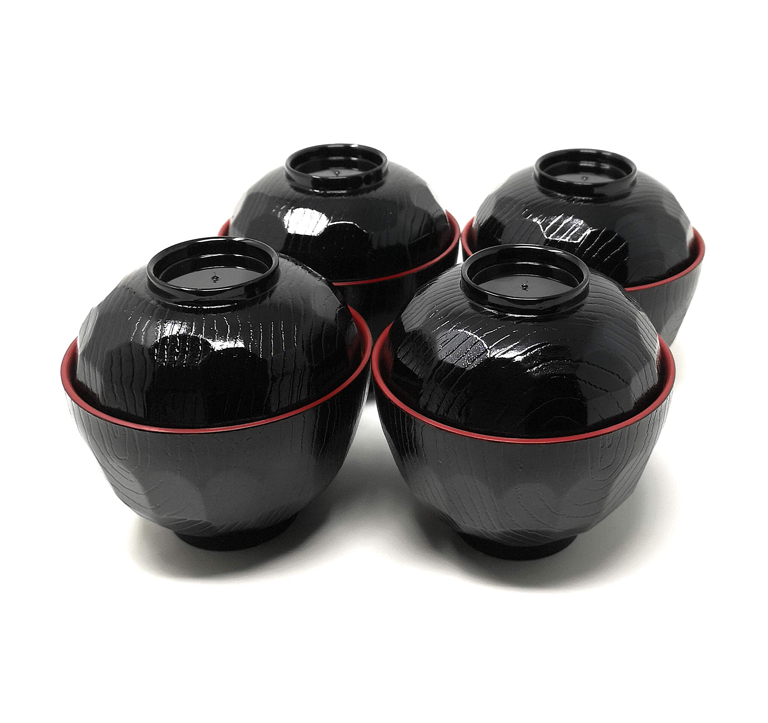 ASIAN HOME Japanese Rice and Soup Bowls With Lid, Black and Red, for rice, miso soup, 4.33" x 3.94", 8.4 oz. (4 Bowls)