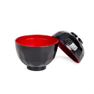 ASIAN HOME Japanese Rice and Soup Bowls With Lid, Black and Red, for rice, miso soup, 4.33" x 3.94", 8.4 oz. (4 Bowls)