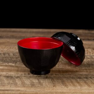 ASIAN HOME Japanese Rice and Soup Bowls With Lid, Black and Red, for rice, miso soup, 4.33" x 3.94", 8.4 oz. (4 Bowls)