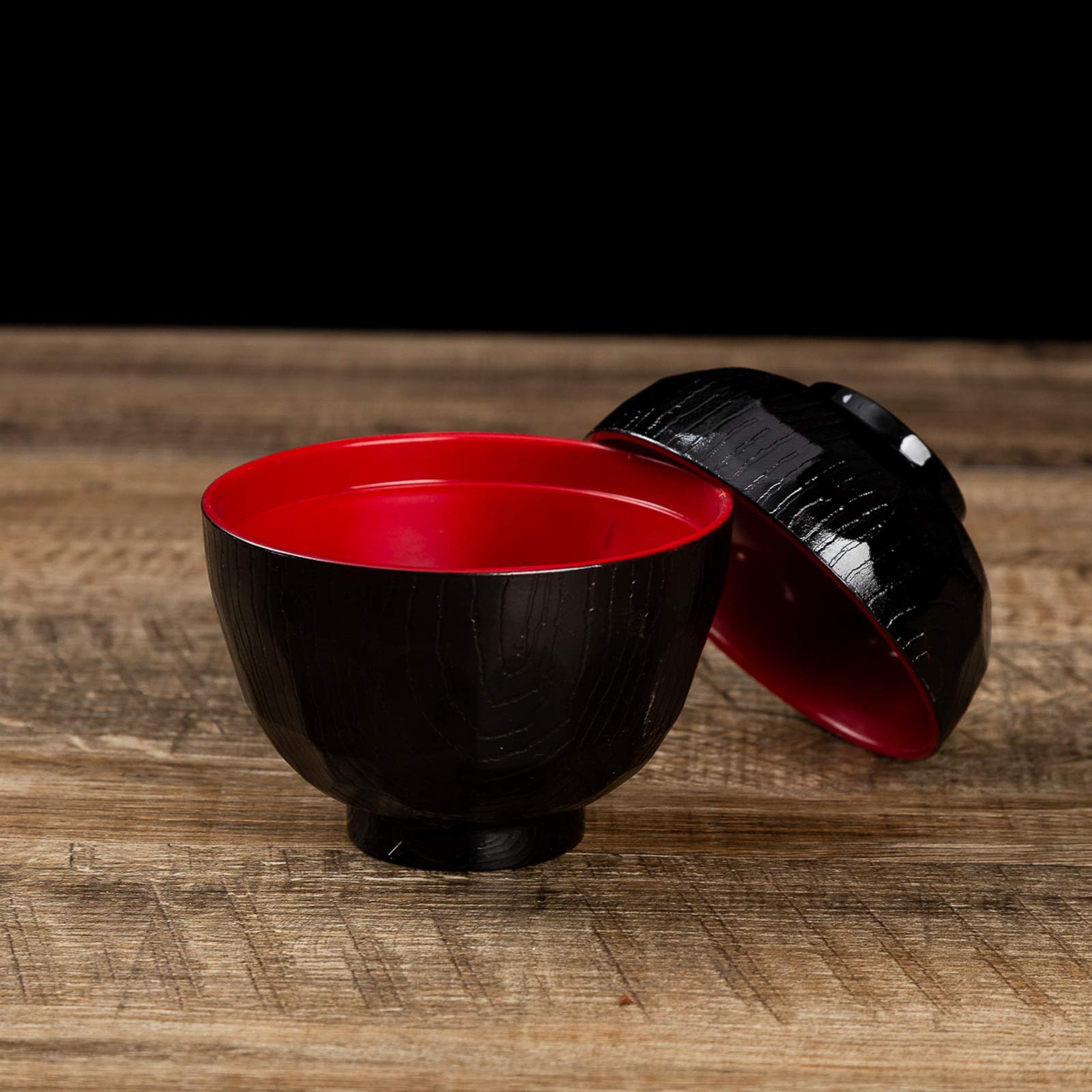 ASIAN HOME Japanese Rice and Soup Bowls With Lid, Black and Red, for rice, miso soup, 4.33" x 3.94", 8.4 oz. (4 Bowls)