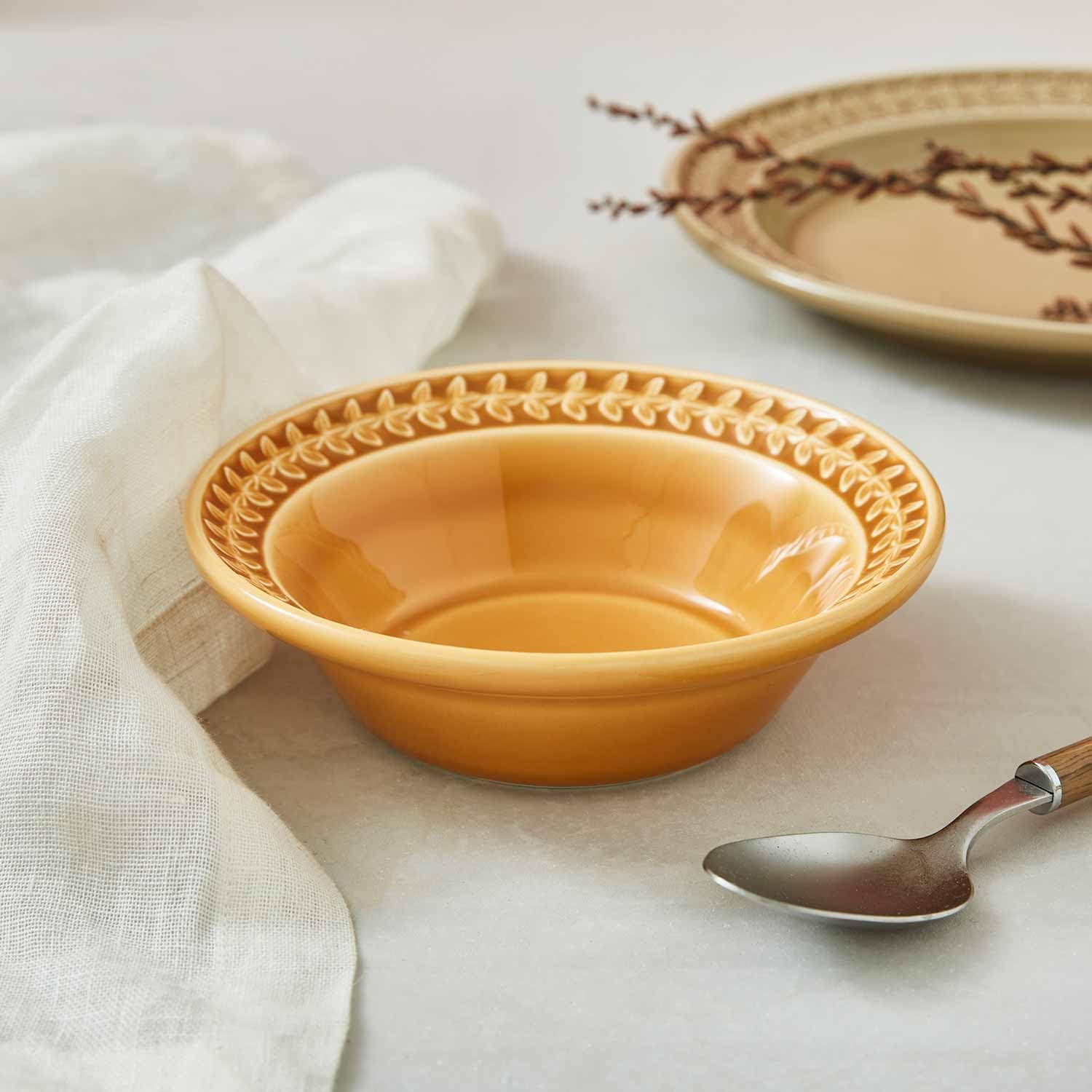 Portmeirion Botanic Garden Harmony Amber Cereal Bowl | 6 Inch Embossed Bowl for Cereal, Oatmeal, Fruit and Ice cream | Dishwasher, Microwave, and Oven Safe | Made in England
