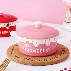 lelakaya cute strawberry enameled porcelain bowl with handle, fruit salad, dessert, rice, cereal, noodle, breakfast bowl with lid, household tableware 6.18"x3.35"