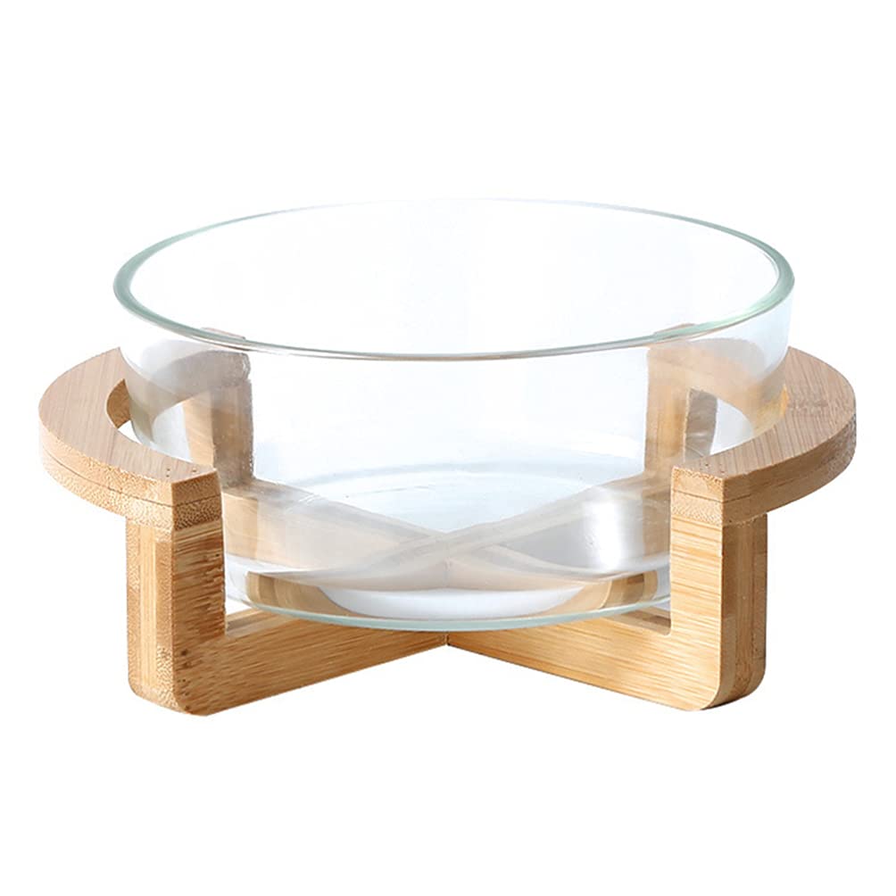 HEMOTON Glass Salad Serving Bowl with Wood Stand Base 2500ml Fruit Dessert Bowl Clear Ice Bucket Fruit Vegetable Dish Container for Kitchen Microwave Oven