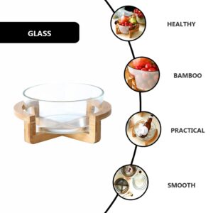 HEMOTON Glass Salad Serving Bowl with Wood Stand Base 2500ml Fruit Dessert Bowl Clear Ice Bucket Fruit Vegetable Dish Container for Kitchen Microwave Oven