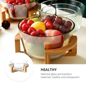 HEMOTON Glass Salad Serving Bowl with Wood Stand Base 2500ml Fruit Dessert Bowl Clear Ice Bucket Fruit Vegetable Dish Container for Kitchen Microwave Oven