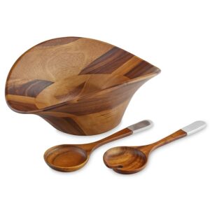 nambe ripple wooden salad bowl 3 piece set | 15.5 -inch large salad bowl with serving utensils | acacia wood and nambe alloy salad servers and fruit bowl | housewarming gift | designed by alvaro uribe