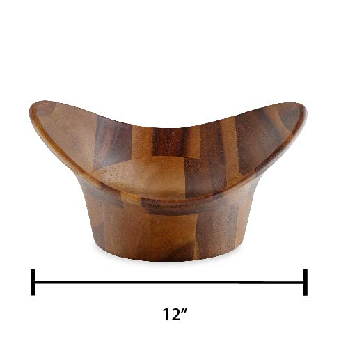 nambe Ripple Wooden Salad Bowl 3 Piece Set | 15.5 -Inch Large Salad Bowl with Serving Utensils | Acacia Wood and Nambe Alloy Salad Servers and Fruit Bowl | Housewarming Gift | Designed by Alvaro Uribe