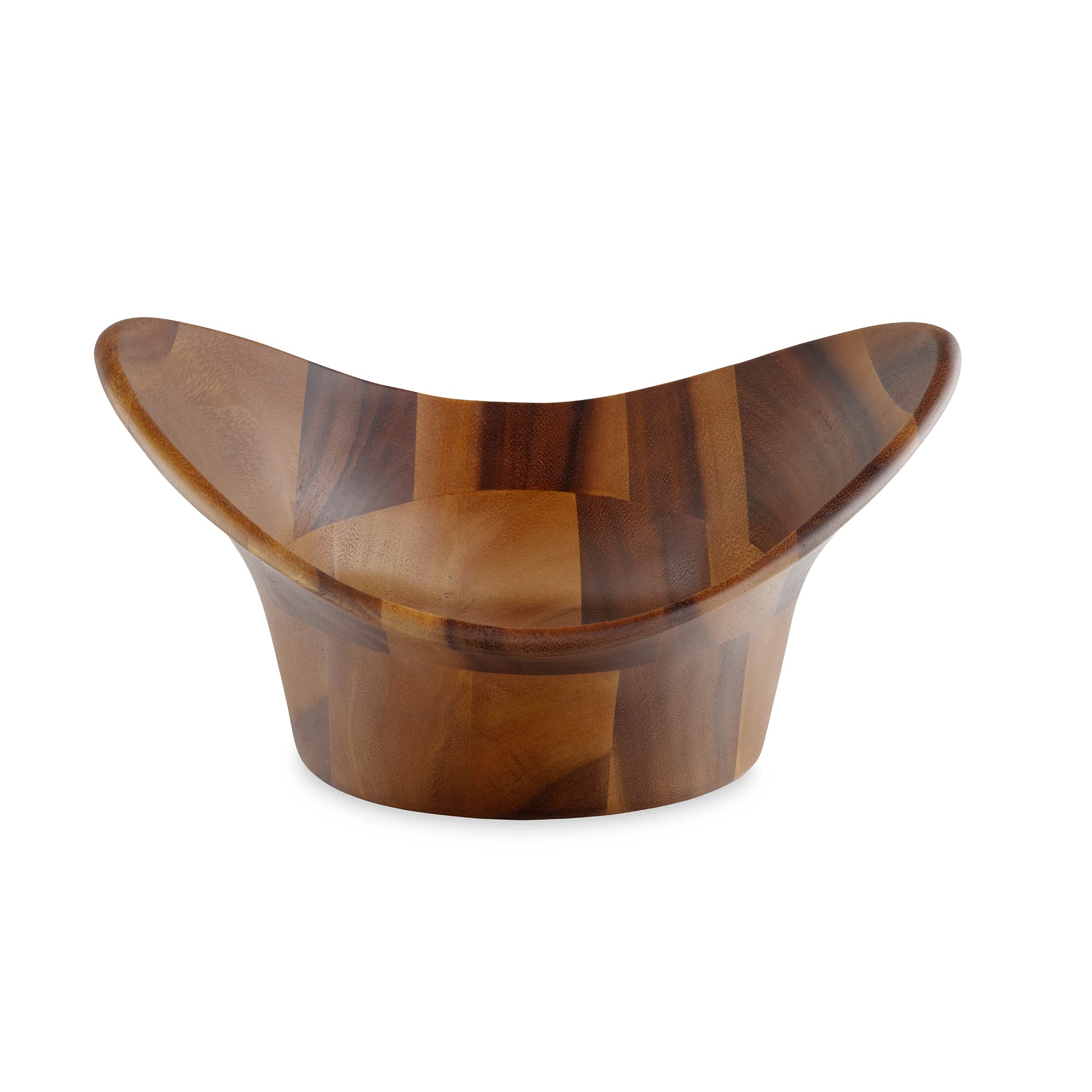 nambe Ripple Wooden Salad Bowl 3 Piece Set | 15.5 -Inch Large Salad Bowl with Serving Utensils | Acacia Wood and Nambe Alloy Salad Servers and Fruit Bowl | Housewarming Gift | Designed by Alvaro Uribe