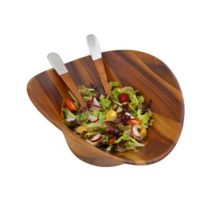 nambe Ripple Wooden Salad Bowl 3 Piece Set | 15.5 -Inch Large Salad Bowl with Serving Utensils | Acacia Wood and Nambe Alloy Salad Servers and Fruit Bowl | Housewarming Gift | Designed by Alvaro Uribe